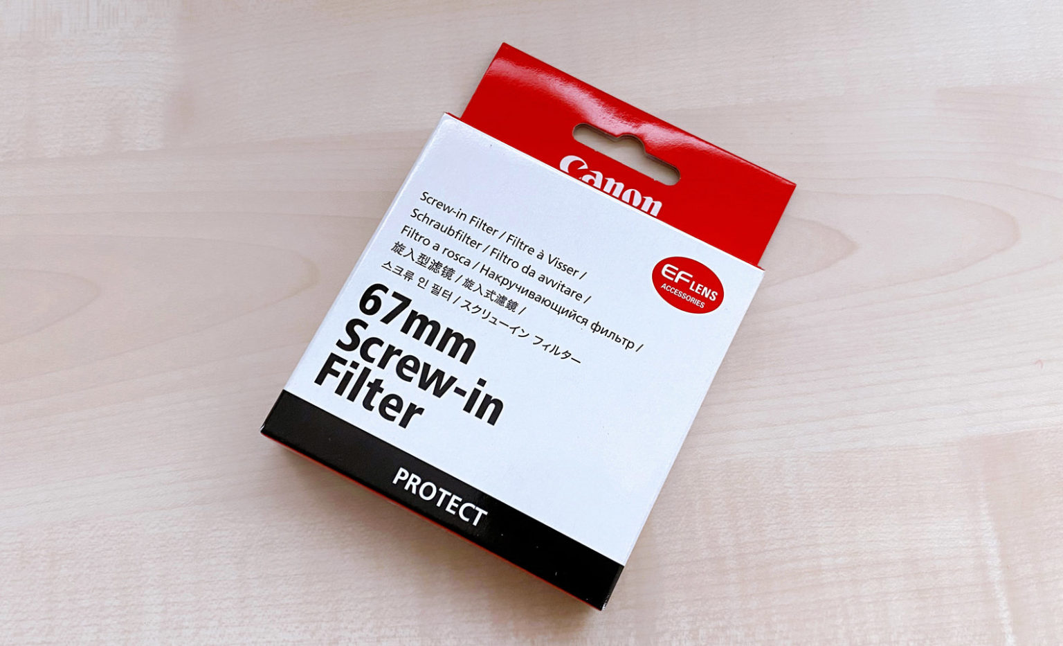 RF24105mm F47.1に装着するキヤノン純正のPROTECTフィルター 67mm